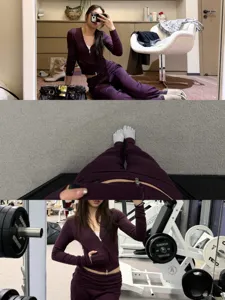 Purple athletic tracksuit set for women, including zip jacket and stirrup yoga pants.