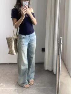 Jeans denim casual a gamba dritta lavati in azzurro vintage a vita alta da donna quotidiani