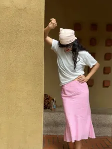 Pink French style casual cut bias fishtail midi skirt for women elegant daily wear apparel