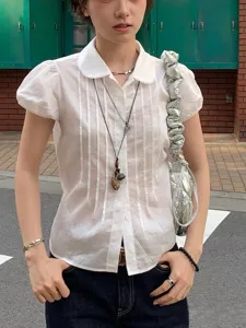 Women Korean Style Peter Pan Collar Blouse Lyocell Blend Pleated Lace Trim Puff Sleeve Sweet Short Sleeve Shirt Solid Color Top