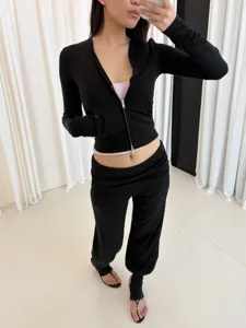 Casual black zip-up hoodie and high-waist pants lounge set for women, perfect for daily wear.