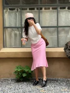 Pink linen blend fishtail midi skirt, French style casual bias cut skirt for women daily.
