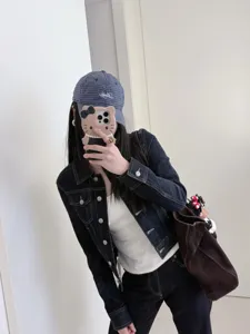 Women dark denim jacket slim fit vintage casual outerwear top stylish fashion daily wear