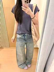 Jeans denim dritti a vita media slavati azzurri vintage dettaglio casual ripresa
