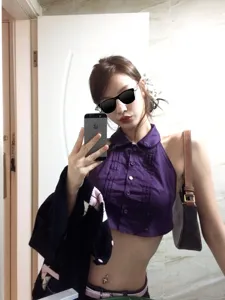 Purple halter crop top with lapel collar for women, stylish 2026 summer fashion wear
