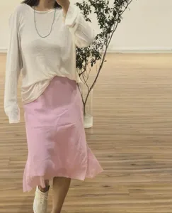 Stylish pink tencel linen bias cut mermaid midi skirt, elegant casual daily wear for women.