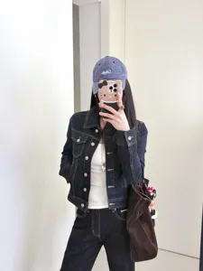 Women dark denim jacket slim fit retro casual long sleeve button up dark blue denim coat top