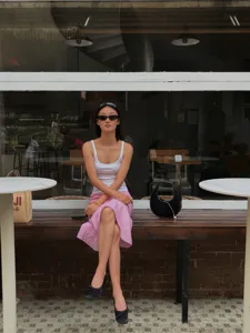 Pink Tencel linen bias-cut mermaid skirt detail, stylish French casual daily wear.