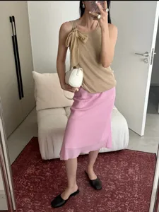 Women pink bias cut fishtail midi skirt elegant summer casual fashion aesthetic high waist chic bottom.