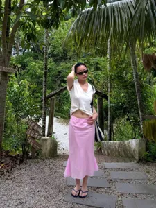 Pink linen blend bias cut fishtail midi skirt, French style casual daily outfit detail.