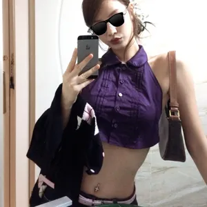 Women stylish purple halter crop top summer backless turn-down collar sleeveless shirt