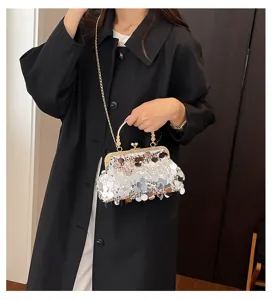 Stylish sequin clutch handbag with metal chain strap and clasp closure for women fashion.