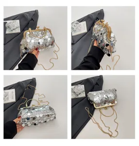 Silver sequin chain shoulder bag for women, stylish clutch purse with gold frame.