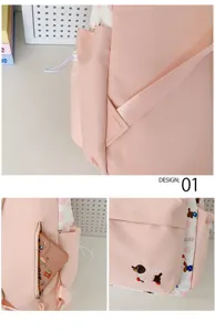Pink student backpack detail view, cute dog embroidery and side zipper pocket closeup.