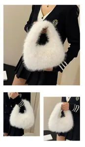 Dettagli della borsa hobo in peluche bianca con consistenza soffice e forma alla moda.