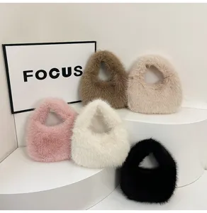 Borsa a mano soffice in peluche per donna, simpatica borsa morbida invernale, eco pelliccia.