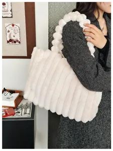 Women fluffy plush tote bag winter warm large capacity shoulder handbag aesthetic style