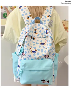 Cute blue and white cartoon dachshund backpack for students, stylish daily casual school bag.