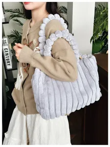 Winter fuzzy tote bag for women large capacity plush shoulder bag fluffy handbag grey stylish
