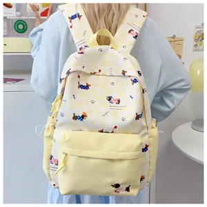 Cute cartoon dog print backpack for girls, stylish ins style school bag with multiple pockets.