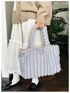 Stylish autumn winter grey plush tote bag for women, cozy faux fur handbag with round handle.