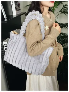 Grey plush tote bag for women, fluffy winter shoulder handbag with bubble strap, large capacity.