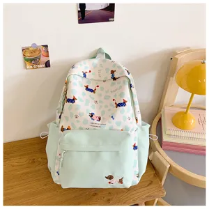 Ins style cute puppy print student backpack for teenage girls, fresh green daily school bookbag.