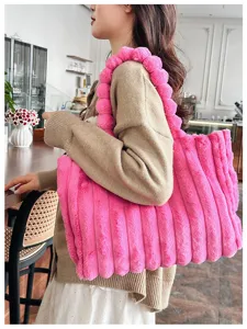 Fashion autumn winter plush tote bag large capacity fluffy shoulder bag for women pink
