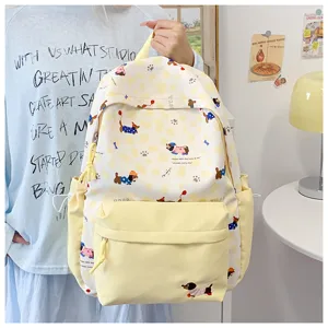 Cute cartoon dachshund print canvas school backpack for teen girls daily casual bookbag