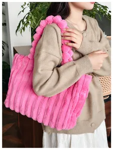 Stylish pink plush tote bag for women, fluffy faux fur shoulder bag, large winter handbag.