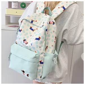 Cute cartoon dachshund print canvas school backpack for students, fresh ins style daily bag.