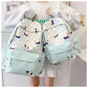 Cute student school backpack with lovely dachshund print, multi-pocket canvas casual daypack.
