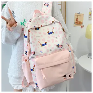 Cute pink dachshund print school backpack for teen girls, trendy ins style student bookbag.