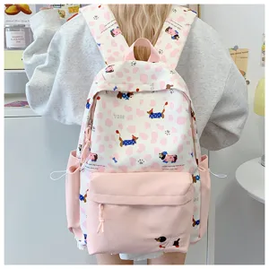 Cute cartoon dachshund pattern pink school backpack for girls, stylish ins style student bookbag.
