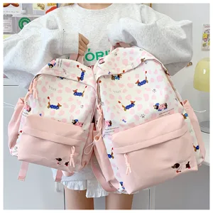 Cute pink canvas backpack for student girls, casual daily school book bag with cute dog print.