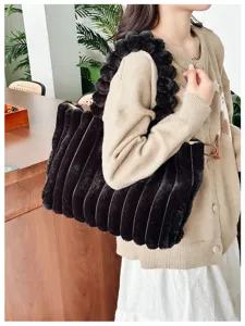 Fashion autumn winter black plush tote bag large capacity casual shoulder bag for women
