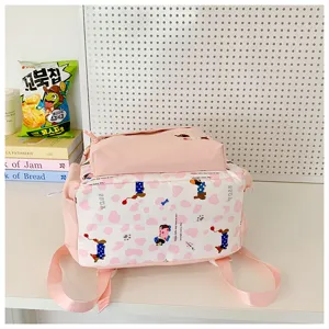 Detail shot of pink backpack with cute dog print, ins style school bag for women.