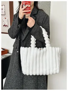 Women white plush tote bag winter fashion fluffy handbag large capacity casual shoulder bag