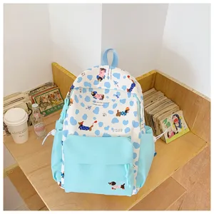 Cute cartoon dog print casual backpack for student girls, stylish school bookbag.