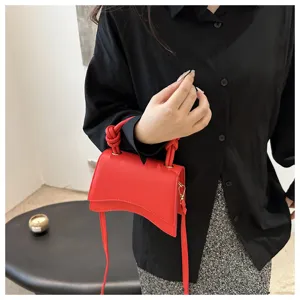 Red curved handbag mini shoulder crossbody bag chic women fashion daily commute bag detail view