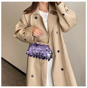 Purple sequin crossbody bag with gold chain strap, stylish kiss-lock evening handbag.
