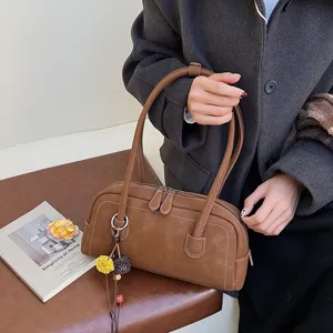 Women Fashion Retro Shoulder Pillow Bag Large Capacity PU Leather Commuting Handbag With Double Straps