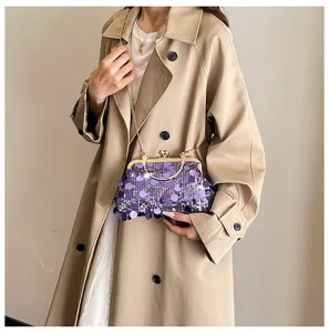 Stunning purple sequin women shoulder bag, elegant metallic kiss-lock chain detail view.