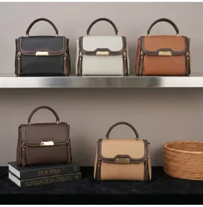 Elegant contrast color handbag display scene, showing multiple color variants on shelf.