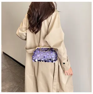 Purple sequin crossbody bag detail, vintage metal clasp and chain strap for women.