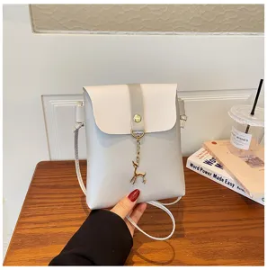 Mini PU leather crossbody phone bag with cute deer pendant, stylish women shoulder bag.