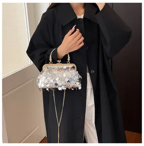 Stylish sequin chain crossbody bag, elegant metallic kiss-lock closure design for women.