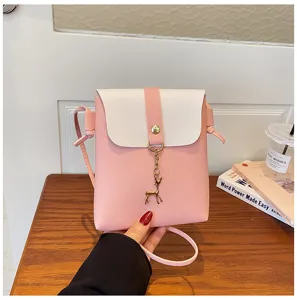 Mini pink white crossbody phone bag stylish PU leather shoulder handbag with cute deer pendant