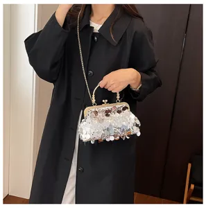 Stylish Korean style sequin kiss-lock chain shoulder bag, sparkling shell crossbody purse detail view.
