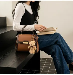 Women contrast color shoulder bag stylish PU leather handbag crossbody bag with cute bear charm
